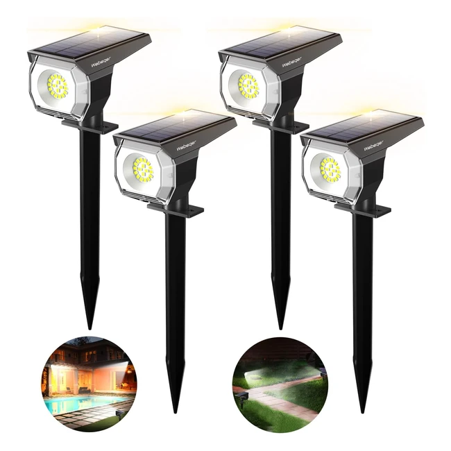 Luces Solares LED Exterior Jardin 18 LED 300lm Focos LED Exterior Solares 2 en 1 IP67 Resistente al Agua 6500K - 4 Piezas