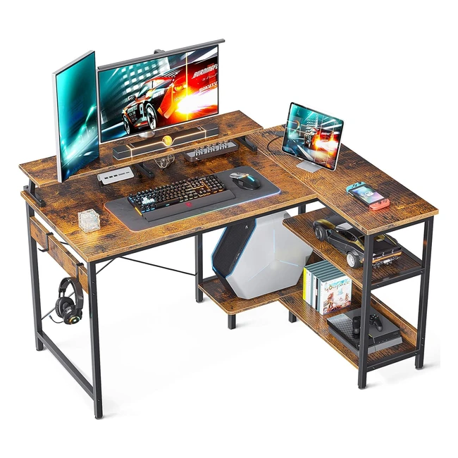 Scrivania ad angolo L gaming con ripiani reversibili 120x80x88cm - Brown