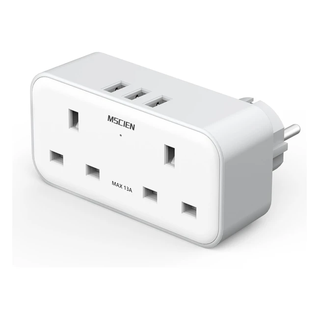 UK to EU Plug Adapter with 3 USB 2 Way Extension - Dual 2 Pin Socket - Travel Adapter Plugs - EU Type EF Plug Adaptor - Germany France Spain Turkey Greece