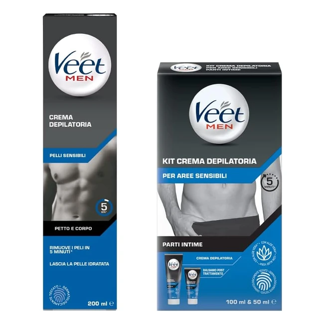 Veet Men Kit Depilazione Uomo Crema Corpo Balsamo Intimo 24h Idratazione