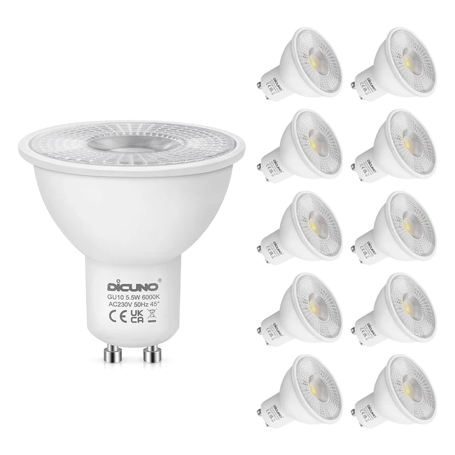 Dicuno GU10 LED Bulbs Cool White 6000K 55W 340LM Energy Saving Non-dimmable 10 Pcs