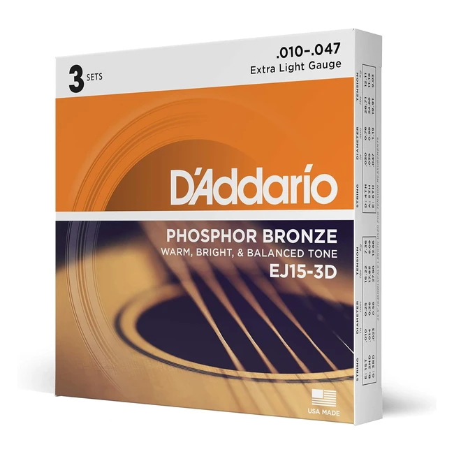 DAddario EJ153D Phosphor Bronze Acoustic Guitar Strings 1047 Extra Light 3-Pack