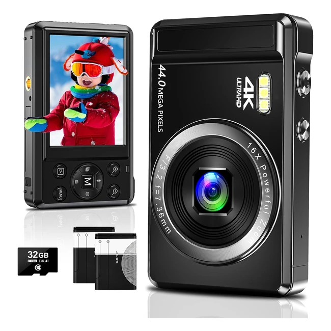 4K Digital Camera 44MP Compact Camera with 32GB SD Card - Autofocus Portable Mini Camera for Kids Beginners - 16x Digital Zoom