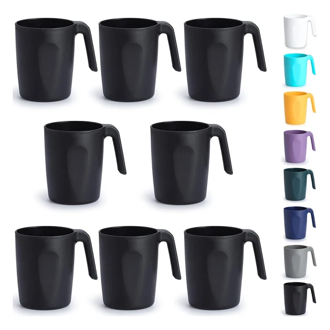 Ensemble 8 tasses caf plastique noir 450ml poignes rutilisables