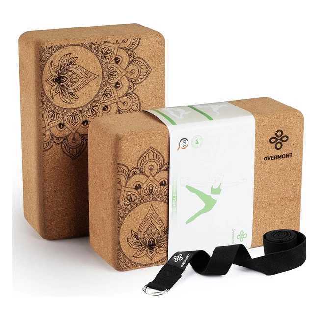 Overmont Cork Yoga Blocks 2 Pack with 8ft Strap Set | Natural Eco-Friendly Accessories | Ideal for Yoga Pilates General Fitness | 9x6x3