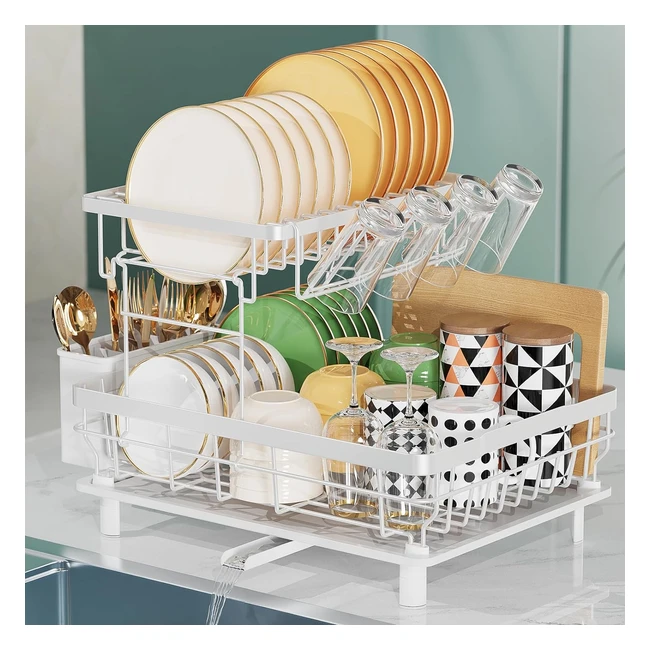 LionOnly 2 Tier Dish Drainer Rack with Drip Tray - Large & Detachable - White