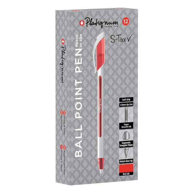 Platignum Stixx Red Ballpoint Pen Pack of 12 LV Ink Soft Grip Barrel 50514