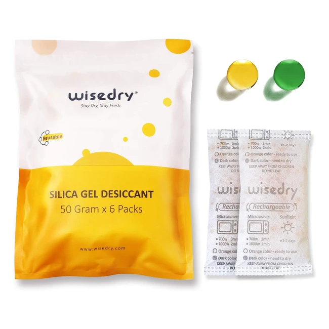 Wisedry Rechargeable Silica Gel Sachets 50g 6 Packs - Food Grade - Fast Reactivate - Orange to Green - Desiccant Bags