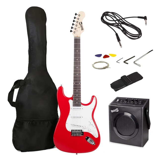 RockJam Full Size Electric Guitar Kit with 10Watt Amp Lessons Strap Gig Bag Picks Whammy Lead and Spare Strings Red