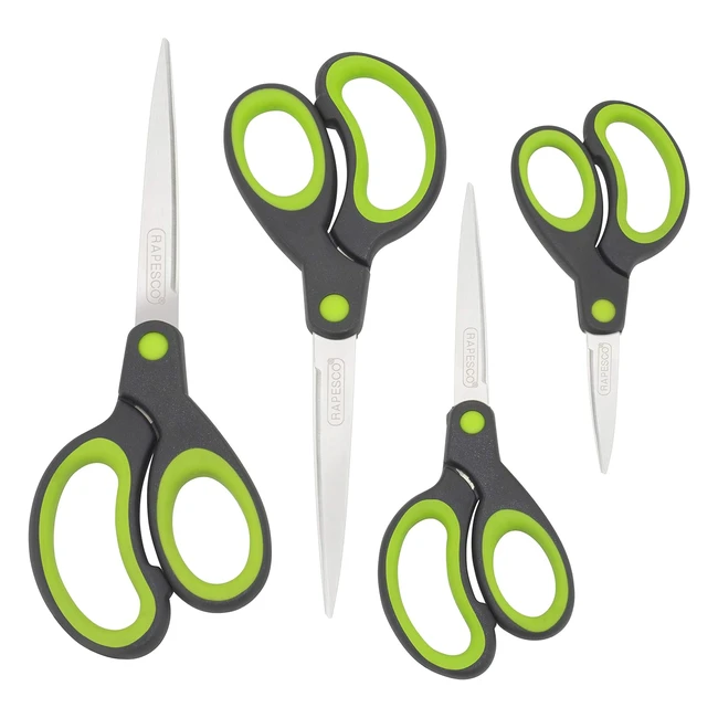Rapesco 1576 Soft Grip Handle Scissors BlackGreen Set of 4 - UltraSharp Stainless Steel Blades