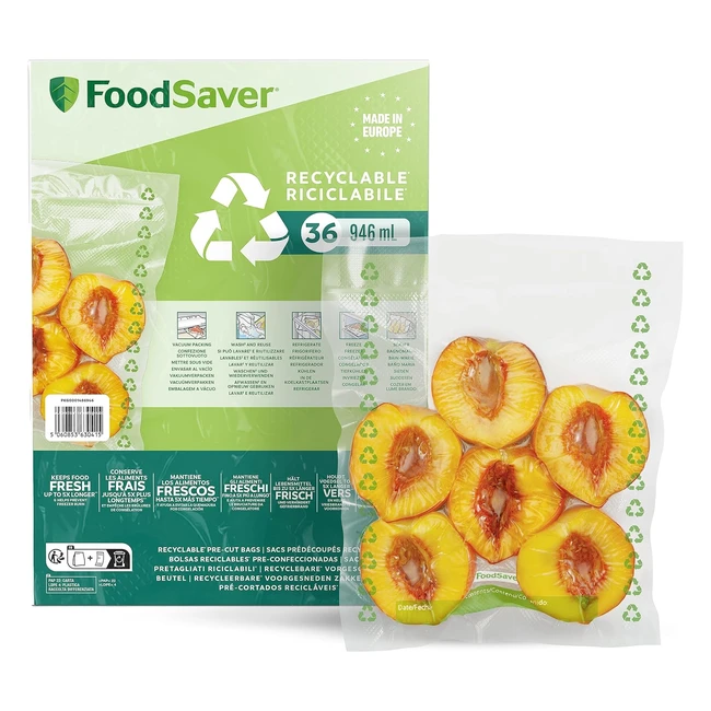 Bolsas de Envasado al Vacío Foodsaver Reciclables y Reutilizables - Mantiene Alimentos Frescos Hasta 5 Veces Más Tiempo - Sin BPA - 36 Bolsas 20cmx25cm 0.94L