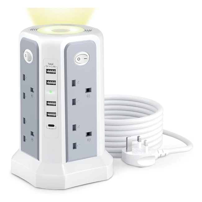 Tower Extension Lead with USB Slots and Night Light 20W USB C Fast Charger 13A 3250W5 USB Ports