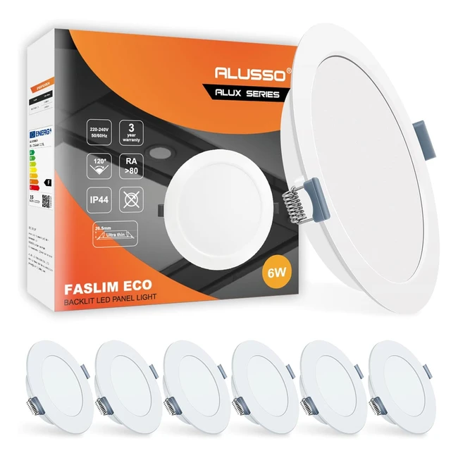 Alusso LED Downlights 6W Ultra Slim Ceiling Spot Lights 6500K Cool White IP44 Waterproof 6 Pack
