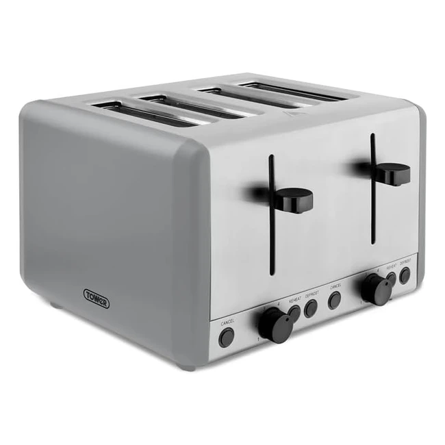 Tower T20086GRY Sera 4 Slice Toaster 6 Browning Levels Removable Crumb Tray Defrost Reheat Cancel Functions 1800W Grey