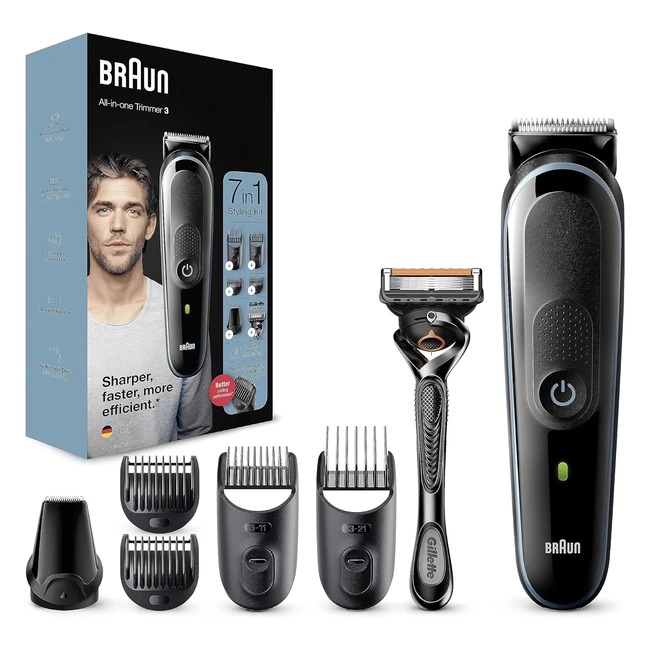 Braun 7in1 Allinone Series 3 Male Grooming Kit MGK3245 - Beard Trimmer, Hair Clippers, Gillette Razor, Precision Trimmer, 5 Attachments