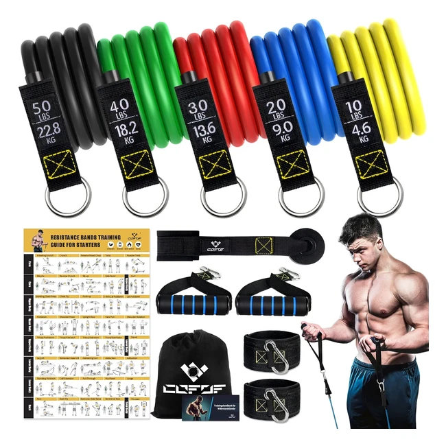 Cofof Resistance Bands with Handle for Men/Women - Stackable up to 150lbs - Gym Bands with Workout Poster