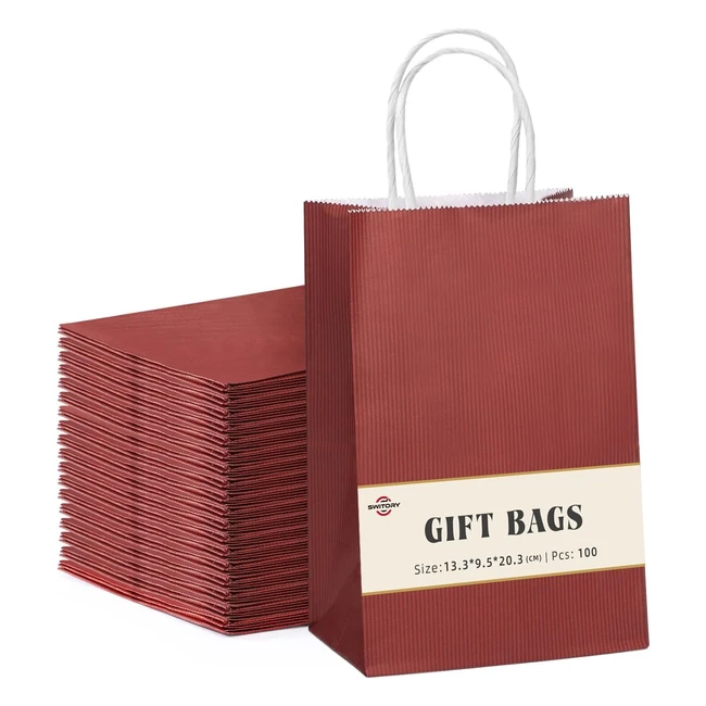 Halulu Red Kraft Paper Gift Bags 100pc - Eco-Friendly & Sturdy - 5.25x3.75x8 inch