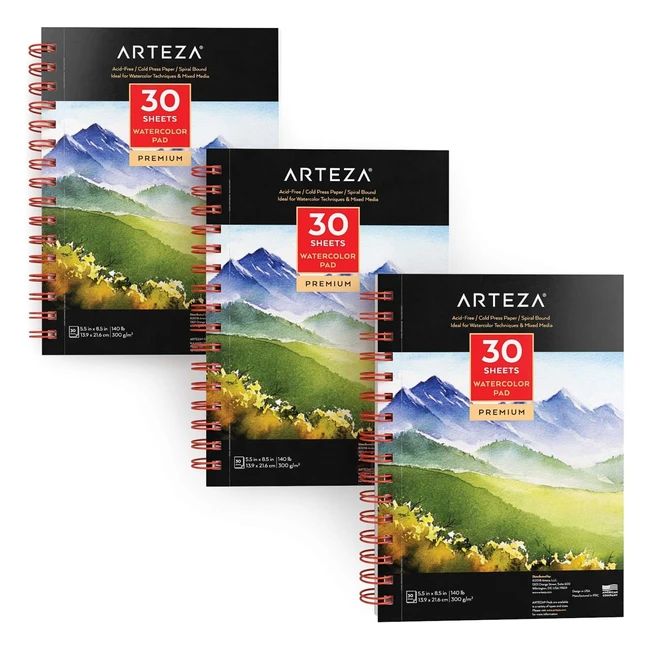 Arteza Premium Watercolour Paper Pad 3 Pack 90 Sheets 139 x 216 cm Spiral Bound 300gsm - Art Supplies for Watercolour Techniques