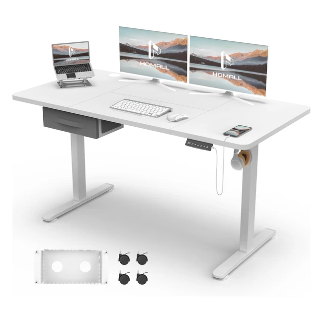 Homall Bureau Assis Debout 140 x 70 cm - Réglable en Hauteur - Chargeur USB - 3 Positions Mémorisables - Blanc
