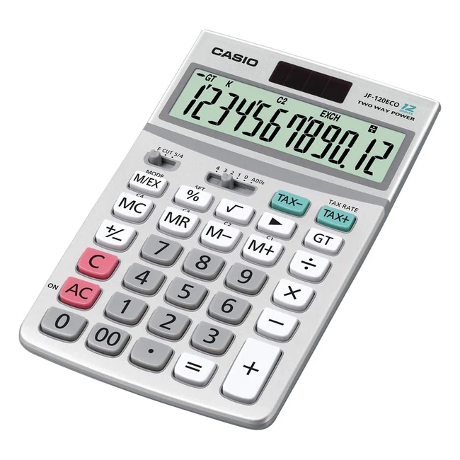 Calculadora Casio JF12ECO de 12 Dígitos - Función de Conversión de Moneda y Calculo de Impuestos