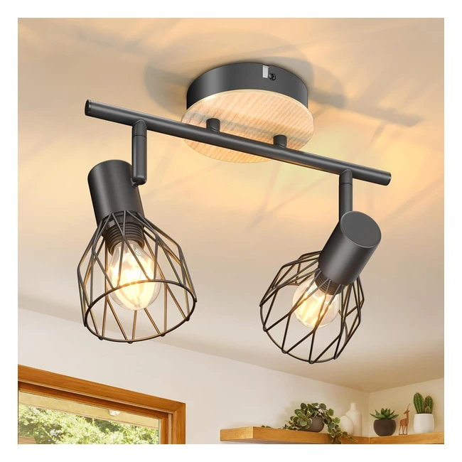 Kimjo Plafonnier 2 Spots Orientables Bois et Noir E14 - Industriel Luminaire Cha