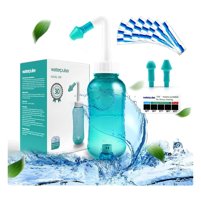 300ml Neti Pot Sinus Rinse Bottle - Nasal Irrigation System with Salt Packets & Thermometer - BPA Free
