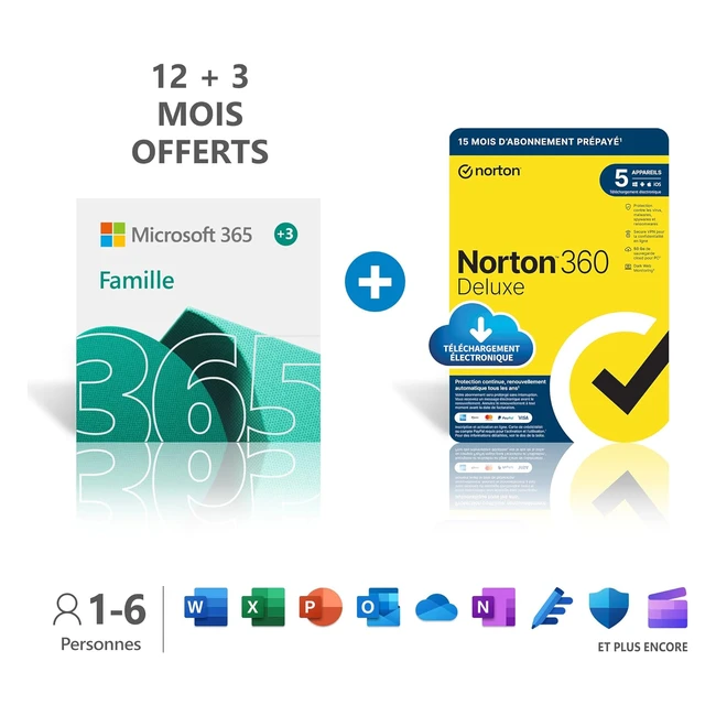 Microsoft 365 Famille - Office 365 Apps - Jusqu'à 6 utilisateurs - 15 mois - Norton 360 Deluxe - PC/Mac/Tablette/Smartphone - Téléchargement