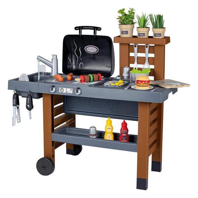 Smoby Garden Kitchen with Grill, Sink, and 43 Accessories - Anti-UV Treated