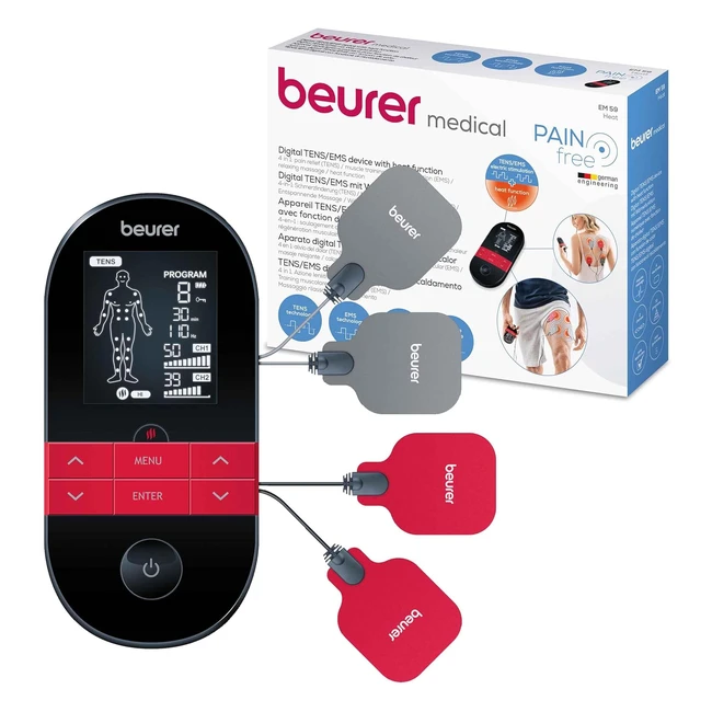 Beurer EM59 Digital TENS/EMS Device with Heat - Pain Therapy Muscle Stimulation Massage - 4 Electrodes