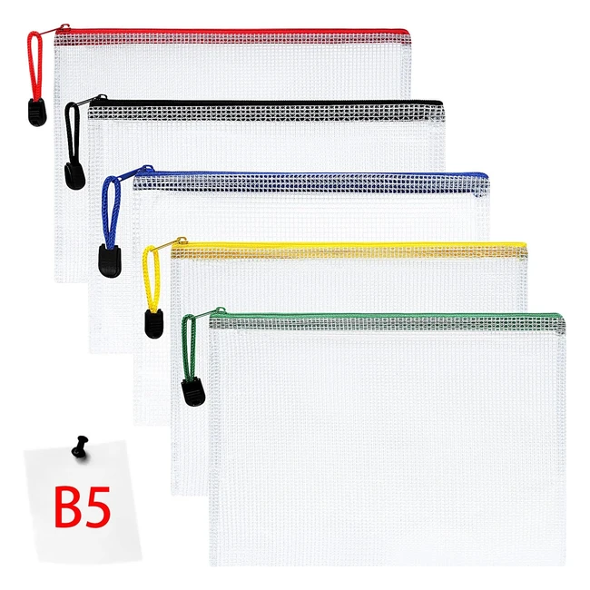 Vicloon Plastic Wallets B5 Zip Lock Bags - Set of 5 - Mesh Document Wallet - Color Zipper