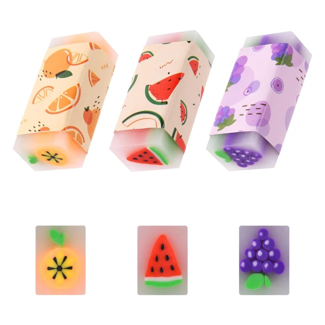 Vicloon Cute Fruit Erasers 3pcs - Long Lasting Rubbers for Kids - School Office 