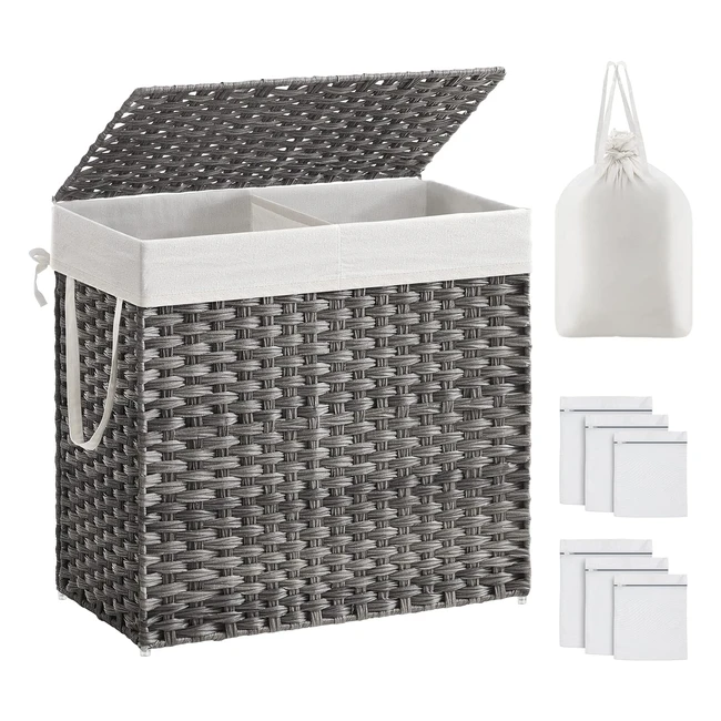Songmics Laundry Basket 130L with Lid & 2 Compartments - Handwoven Synthetic Rattan - Grey LCB253G01