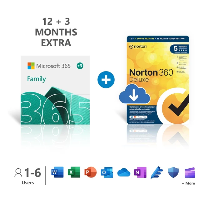 Microsoft 365 Family Norton 360 Deluxe 15-Month Subscription - Up to 6 People Word Excel PowerPoint 1TB OneDrive Cloud Storage Advanced Online Security PC/Mac Instant Download