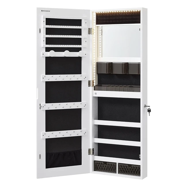 Songmics JJc013W01 Wandmontierter Schmuckschrank mit LED-Lichtern, Spiegelschrank mit integriertem Make-up-Spiegel, 2 Schubladen, abschließbar, weiß