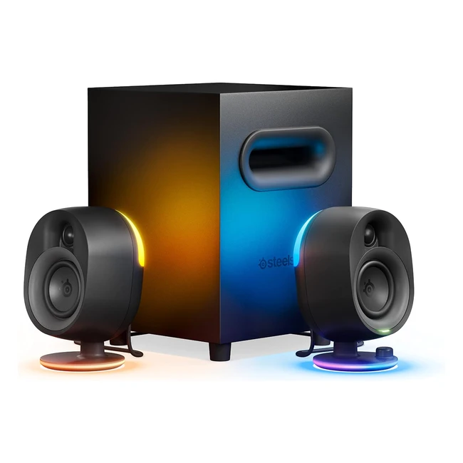 SteelSeries Arena 7 Illuminated Gaming Speakers - Powerful Bass Subwoofer - USB/Aux/Optical - Bluetooth - UK Plug