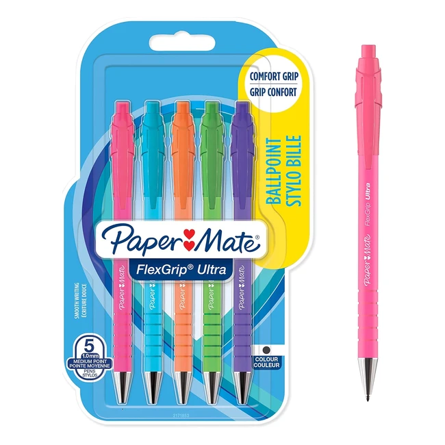 Stylo Bille Retractable Paper Mate Flexgrip Ultra - Lot de 5 - Pointe Moyenne 10 mm - Encre Noire