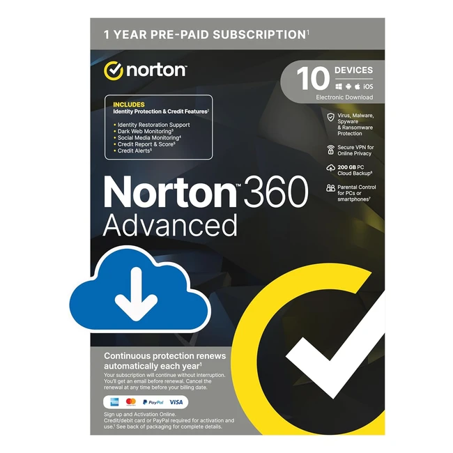 Norton 360 Advanced 2024 - 10 Devices Subscription  Identity Restoration  VPN