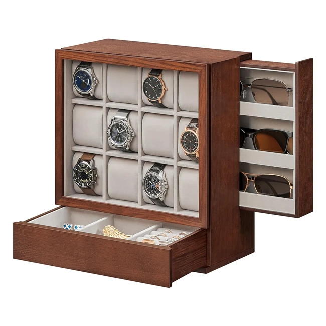 Songmics 12-Slot Wooden Watch Box Display Case JOW014K01 - Vertical Storage Space Saving Coffee Brown