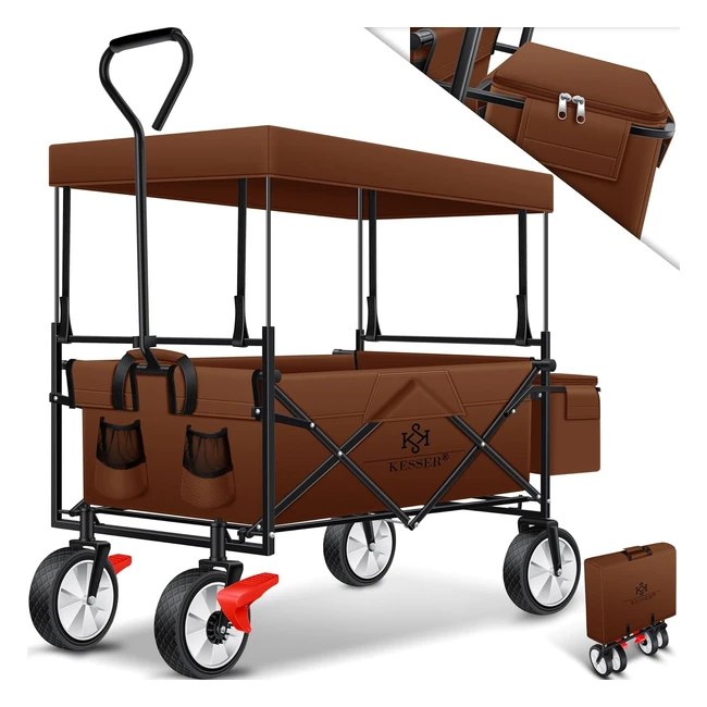 Kesser Handwagen faltbar mit Dach, Transportkarre, Werkzeugkarre inkl. 2 Netztaschen, Abdeckung und einer Außentasche, faltbar mit Vorderradbremse, Vollgummireifen bis zu 100 kg