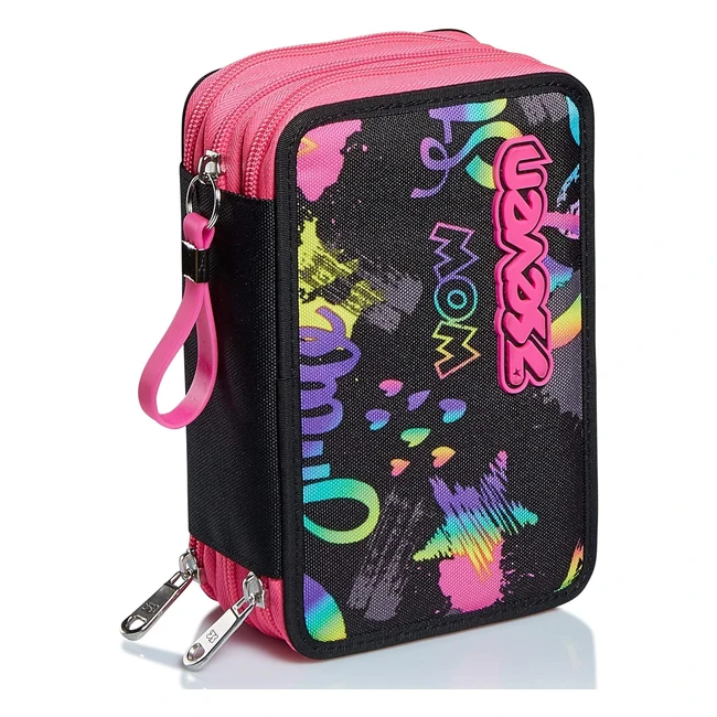 Astuccio scuola 3 zip nero fucsia iridescent - Accessoriato con penne matite e 
