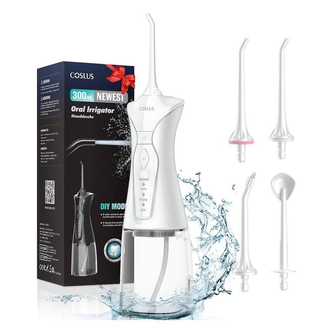 Coslus Water Dental Flosser Cordless 300ml - Oral Irrigator Portable Rechargeable - 4 Jet Tips