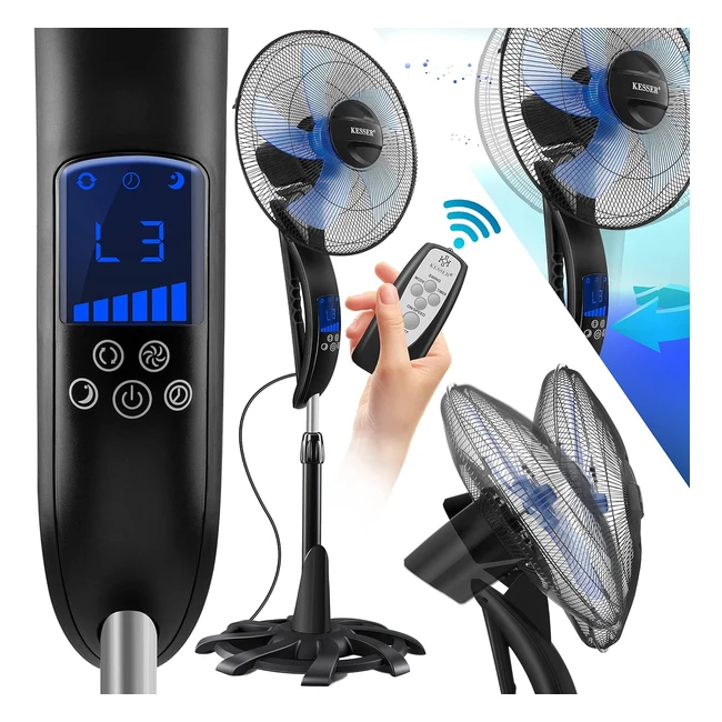 Ventilateur sur pied Kesser avec télécommande et minuterie - Fonction oscillation 80 degrés 50W 3 vitesses - Pied noir