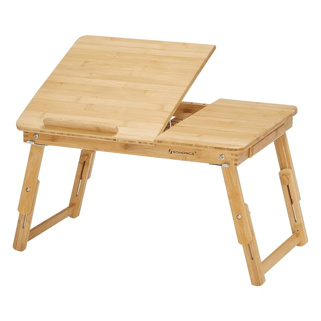 Songmics LLD01N Höhenverstellbarer Laptop-Tisch mit Schublade ausklappbarer Bambus-Notebook-Tisch Bett-Tisch zum Lesen oder Frühstücken Zeichen-Tisch und Esstisch für Bett 55 x 29 x 35 cm B x H x T Natur