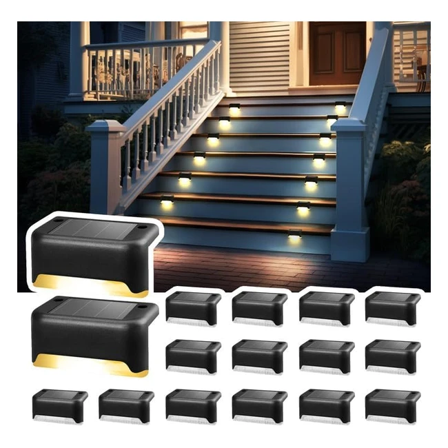 16 Pack Solar LED Stair Lights - Waterproof Outdoor Decoration - Black/Warm White