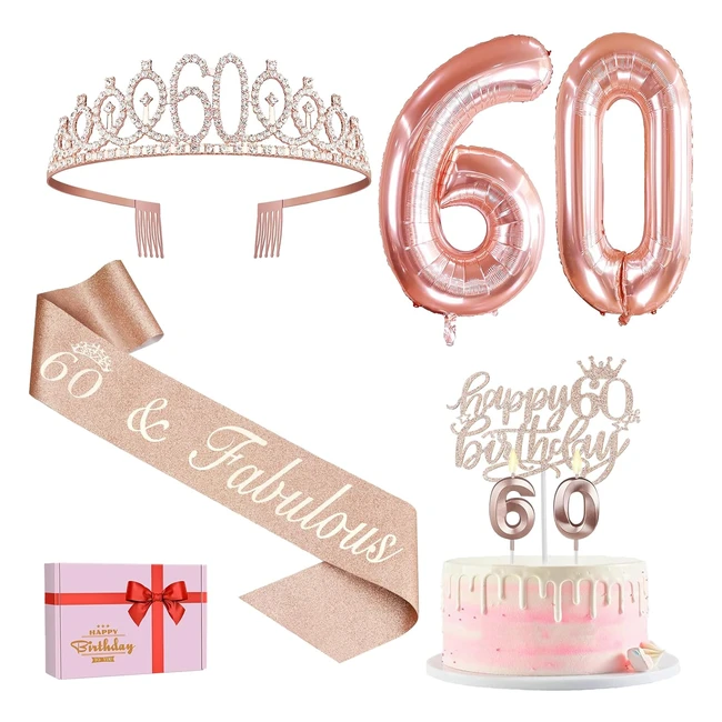 Amosking 60th Birthday Decorations for Women - Sash, Tiara, Cake Topper, Candles, Balloons
