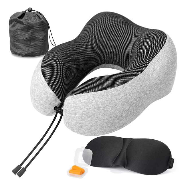 Cuscino da viaggio in memory foam - Comfort e supporto per il collo - Set completo con maschera per gli occhi 3D - Lavabile - Grigio