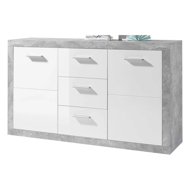 Stella Trading Sideboard in Beton-Optik Wei Hochglanz - Moderne Kommode mit Sc