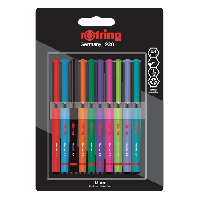 Rotring Fineliner Pens 04mm - Plastic-Free Packaging - Assorted Colors - 10 Coun