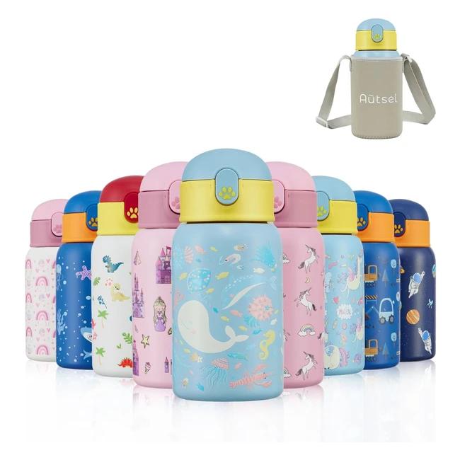 Borraccia Bambini Autsel 400ml Acciaio Inox Cannuccia Anti Perdite BPA-Free