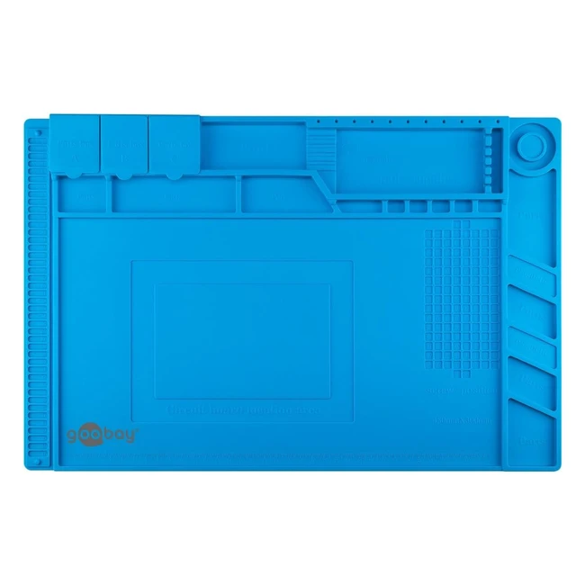 goobay 61670 Silikon-Lötschutzmatte 45x30x006 cm blau - hitzebeständig, rutschfest, integriertes Lineal